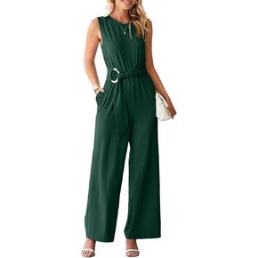 Happy Sailed Womens Dressy Jumpsuits Summer Sleeveless High Waist Belt Wide Leg Pants Romper Jumpsuit with Pockets