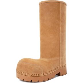 Suede Winter Boots for Women for Men, Unisex Fur Lining Mid Calf Snow Boots, Warm Slip on Wide Calf Chunky Platform Tall Winter Boots, Fur Boots for Women Knee High Winter Boots
