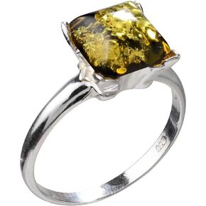 HolidayGiftShops GIA Certified Sterling Silver and Baltic Olive Green Amber Square Ring Nelda