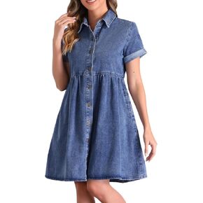 Allegra K Denim Shirt Dress for Women's Collared Button Down Short Sleeve Babydoll Jean Dresses with Pockets