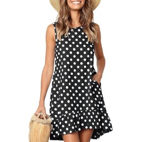 Women's Sleeveless Polka Dot Ruffle Tunic Dress Casual Summer Beach Tank Dress with Pocket Sundress