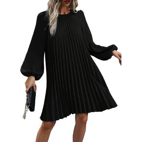 SweatyRocks Women's Lantern Long Sleeve Round Neck Solid Dress Casual Pleated Tunic Mini Dress