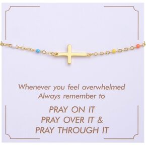 Kvekstio Christian Gifts Faith-Based Adjustable Stainless Steel Gold Cross Charm Bracelet Gift for Women, Baptism Jewelry