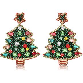Christmas Earrings for Women Beaded Christmas Tree Dangling Earrings Hypoallergenic Handmade Sparkly Red Green Colorful Crystal Xmas Tree Star Earrings Fun Festival Holiday Earrings Jewelry Gifts