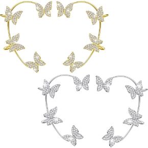 Bonuci 4 Pcs Butterfly Ear Cuff Earrings Glitter Rhinestone Butterfly Ear Cuff for Women Wrap Crawler Earrings No Piercing Butterfly Ear Clip Wrap Around Fake Earrings (Gold, Silver,Regular Style)