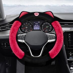 Car Steering Wheel Cover, Cute Steering Wheel Cover, Fluffy Steering Wheel Covers for Women, Universal Car Accessories 15 Inch Winter Plush Steering Wheel Cover for Vehicles (Black/Red)