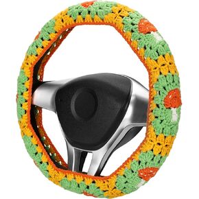 14-15in Crochet Mushroom Steering Wheel Cover for Women, Boho Granny Square Seat Belt Covers, Cute Car Accessories Fit Vehicles, Sedans, SUVs, Vans CSWCS (Single Wheel Cover)