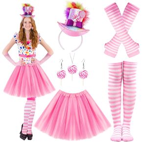 9 Pcs Candy Costume Accessories Mini Top Hat Feathers Headband Sweet Rainbow Necklace Lollipop Earrings Pink Tutu for Women Christmas Photo Props Candy Theme Cosplay Accessories