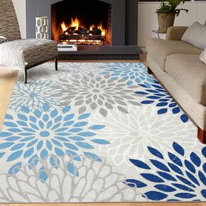 COZYLOOM Living Room Area Rug 8x10 Washable Rug Indoor Large Throw Floor Carpet Non-Slip Stain Resistant Vintage Dining Room Large Area Rug Low Pile Oriental Area Rug for Home Office, Blue