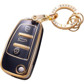 Gematay for Audi Key Fob Cover with Keychain, Key Shell Cover Compatible with Audi A1 A3 Q3 Q7 R8 A6L TT Smart Key Fob, Black