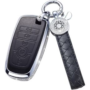 for Ford Key Fob Cover with Keychain, Leather Crystal Key Case Protector Compatible with Ford Fusion F150 F250 F350 F450 F550 Edge Explorer Smart Remote Key, Black