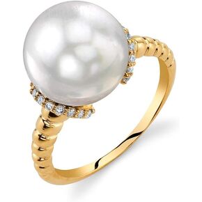 The Pearl Source Pearl Ring with White South Sea Cultured Pearl and 14K Gold Jackie Pearl and Diamond Ring for Women