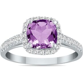 5MM Cushion Cut Genuine Gemstone and Diamond Halo Ring in 10K White Gold