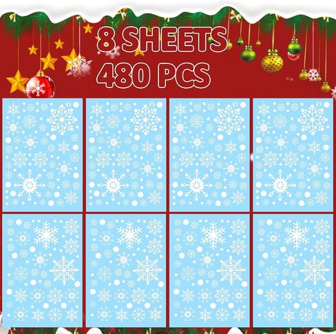 Aprince 480PCS Christmas Window Clings for Glass Windows Christmas Stickers Snowflake Decorations for Home Indoor Outdoor Office Winter Holiday Decor Thanksgiving Party Supplies in Saudi Arabia