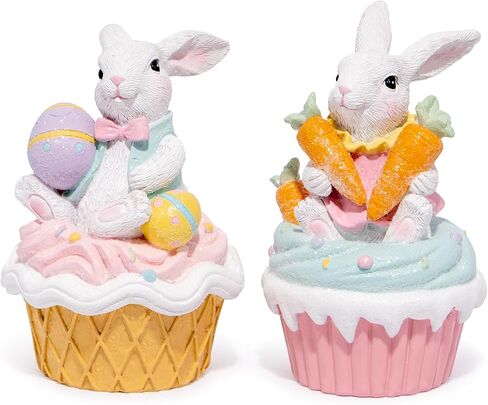 Hodao Easter Bunny Cupcake Figurines – Set of 2 Resin Bunny Easter Decorations with Carrots and Eggs – Cute Spring Tabletop Decor for Easter Celebration, Home, Office, Gifts (Set of 2 Cup White) in Kuwait