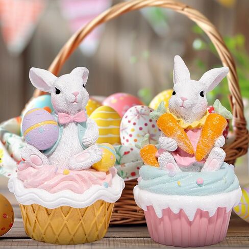 Hodao Easter Bunny Cupcake Figurines – Set of 2 Resin Bunny Easter Decorations with Carrots and Eggs – Cute Spring Tabletop Decor for Easter Celebration, Home, Office, Gifts (Set of 2 Cup White) in Kuwait