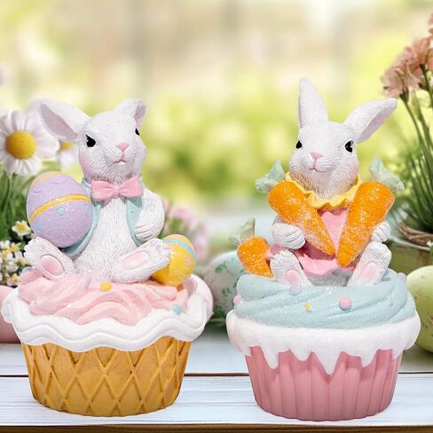 Hodao Easter Bunny Cupcake Figurines – Set of 2 Resin Bunny Easter Decorations with Carrots and Eggs – Cute Spring Tabletop Decor for Easter Celebration, Home, Office, Gifts (Set of 2 Cup White) in Kuwait