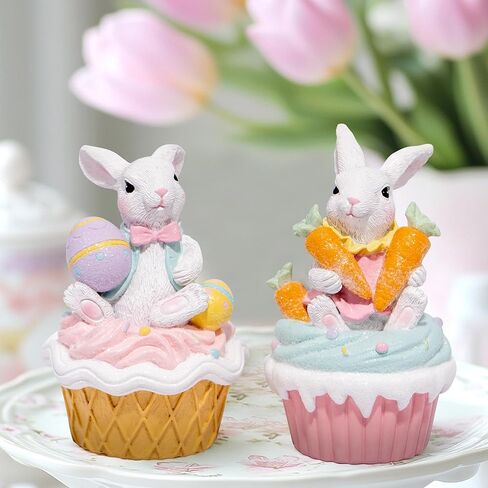 Hodao Easter Bunny Cupcake Figurines – Set of 2 Resin Bunny Easter Decorations with Carrots and Eggs – Cute Spring Tabletop Decor for Easter Celebration, Home, Office, Gifts (Set of 2 Cup White) in Kuwait