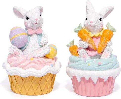Hodao Easter Bunny Cupcake Figurines – Set of 2 Resin Bunny Easter Decorations with Carrots and Eggs – Cute Spring Tabletop Decor for Easter Celebration, Home, Office, Gifts (Set of 2 Cup White) in Kuwait