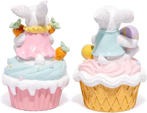 Hodao Easter Bunny Cupcake Figurines – Set of 2 Resin Bunny Easter Decorations with Carrots and Eggs – Cute Spring Tabletop Decor for Easter Celebration, Home, Office, Gifts (Set of 2 Cup White) in Kuwait