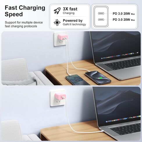 Susnwere GaN USB C Wall Charger Plug,36W Dual Port Type c Fast Charger Block,Super PD 3.0 Power Delivery Adapter for Laptop Computer & Tablets/Phones (iPhone 15/14/13/12/11/X, iPad, Samsung, Google in Kuwait