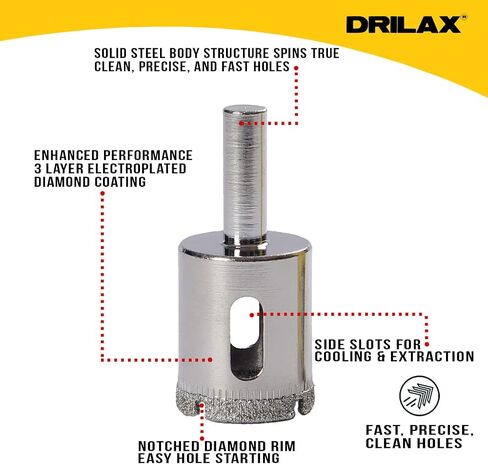Drilax 5 Pcs Diamond Drill Bit Set 1/2" (0.5 in) Wet Use for Tiles, Glass, Fish Tanks, Marble Granite Ceramic Porcelain Bottles Quartz Coated Kitchen Bathroom Shower Lamps in Kuwait