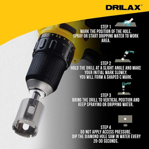 Drilax 5 Pcs Diamond Drill Bit Set 1/2" (0.5 in) Wet Use for Tiles, Glass, Fish Tanks, Marble Granite Ceramic Porcelain Bottles Quartz Coated Kitchen Bathroom Shower Lamps in Kuwait