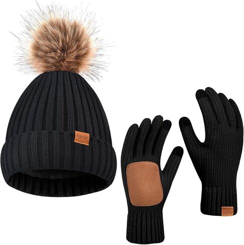 Womens Winter Beanie Hat Fleece Lined with Pom Pom,Warmer Faux Suede Touchscreen Gloves 2 in 1 Set for Cold Weather in Kuwait