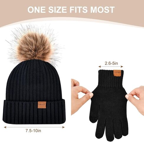 Womens Winter Beanie Hat Fleece Lined with Pom Pom,Warmer Faux Suede Touchscreen Gloves 2 in 1 Set for Cold Weather in Kuwait