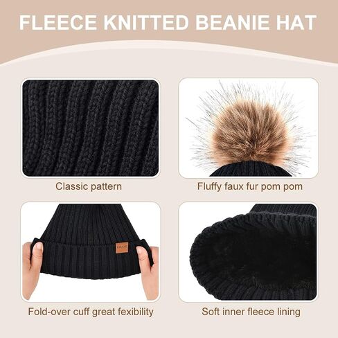 Womens Winter Beanie Hat Fleece Lined with Pom Pom,Warmer Faux Suede Touchscreen Gloves 2 in 1 Set for Cold Weather in Kuwait