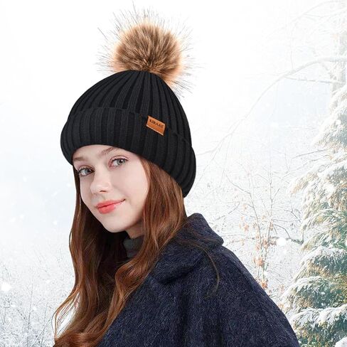 Womens Winter Beanie Hat Fleece Lined with Pom Pom,Warmer Faux Suede Touchscreen Gloves 2 in 1 Set for Cold Weather in Kuwait