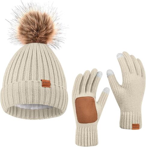 Womens Winter Beanie Hat Fleece Lined with Pom Pom,Warmer Faux Suede Touchscreen Gloves 2 in 1 Set for Cold Weather in Kuwait