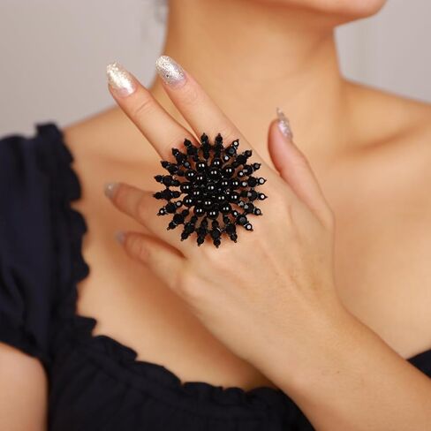 Xerling Elegant Floral Pearl Statement Big Cocktail Rings for Women Boho Rings Aesthetic Rhinestone Finger Rings for Teens Party Prom in Kuwait