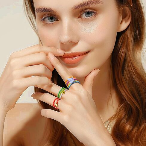 مجموعة خواتم خرز البذور للنساء، هدية مجوهرات عصرية للأصابع مصنوعة يدويًا من بوهو قابلة للتعديل ومطرزة بالذهب للصيف والشاطئ. in Kuwait