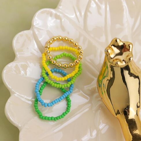 مجموعة خواتم خرز البذور للنساء، هدية مجوهرات عصرية للأصابع مصنوعة يدويًا من بوهو قابلة للتعديل ومطرزة بالذهب للصيف والشاطئ. in Kuwait