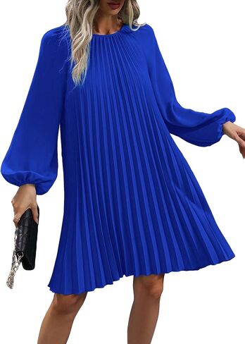 SweatyRocks Women's Lantern Long Sleeve Round Neck Solid Dress Casual Pleated Tunic Mini Dress in Saudi Arabia