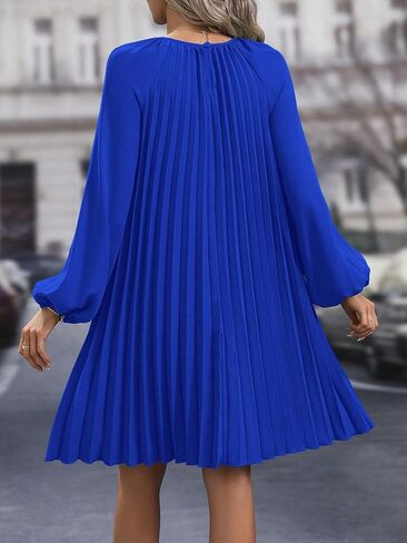 SweatyRocks Women's Lantern Long Sleeve Round Neck Solid Dress Casual Pleated Tunic Mini Dress in Saudi Arabia