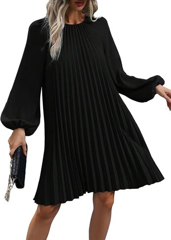 SweatyRocks Women's Lantern Long Sleeve Round Neck Solid Dress Casual Pleated Tunic Mini Dress in Saudi Arabia