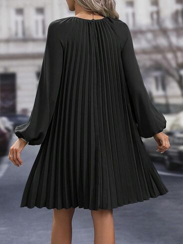 SweatyRocks Women's Lantern Long Sleeve Round Neck Solid Dress Casual Pleated Tunic Mini Dress in Saudi Arabia