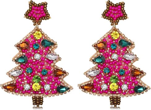 Christmas Earrings for Women Beaded Christmas Tree Dangling Earrings Hypoallergenic Handmade Sparkly Red Green Colorful Crystal Xmas Tree Star Earrings Fun Festival Holiday Earrings Jewelry Gifts in Saudi Arabia