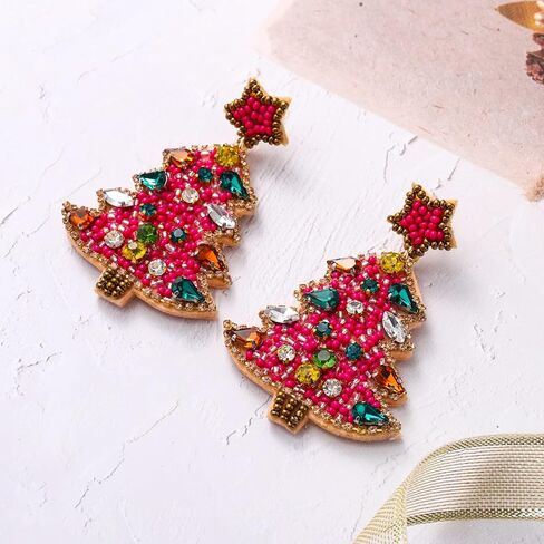 Christmas Earrings for Women Beaded Christmas Tree Dangling Earrings Hypoallergenic Handmade Sparkly Red Green Colorful Crystal Xmas Tree Star Earrings Fun Festival Holiday Earrings Jewelry Gifts in Saudi Arabia
