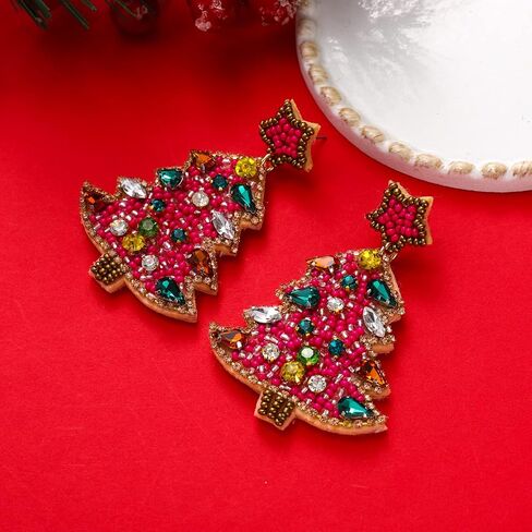 Christmas Earrings for Women Beaded Christmas Tree Dangling Earrings Hypoallergenic Handmade Sparkly Red Green Colorful Crystal Xmas Tree Star Earrings Fun Festival Holiday Earrings Jewelry Gifts in Saudi Arabia