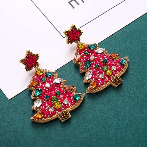 Christmas Earrings for Women Beaded Christmas Tree Dangling Earrings Hypoallergenic Handmade Sparkly Red Green Colorful Crystal Xmas Tree Star Earrings Fun Festival Holiday Earrings Jewelry Gifts in Saudi Arabia