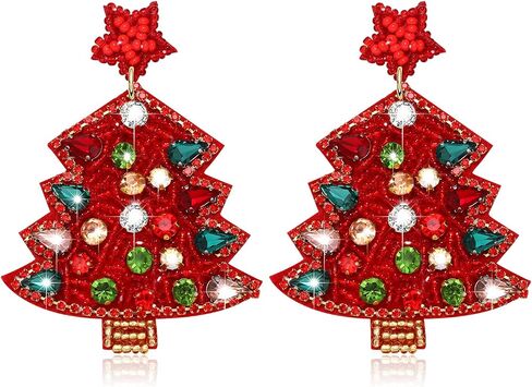 Christmas Earrings for Women Beaded Christmas Tree Dangling Earrings Hypoallergenic Handmade Sparkly Red Green Colorful Crystal Xmas Tree Star Earrings Fun Festival Holiday Earrings Jewelry Gifts in Saudi Arabia