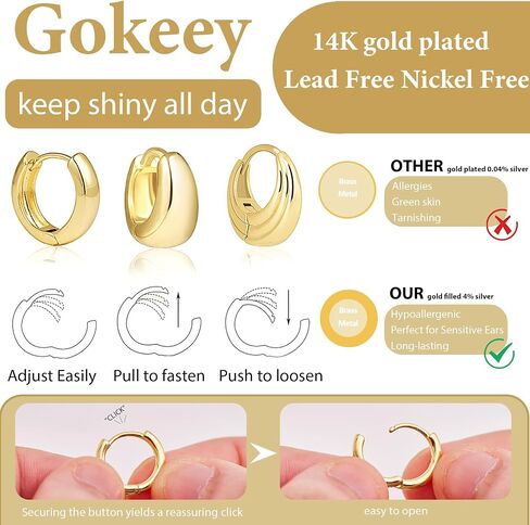 Chunky Gold Hoop Earrings Set for Women,14k Gold Plated Gold Hoops with Sterling Silver Post Hypoallergenic Thin Hoop Gold Earrings for Girls Trendy Jewelry Gifts in Saudi Arabia