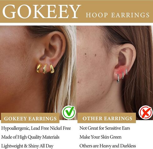 Chunky Gold Hoop Earrings Set for Women,14k Gold Plated Gold Hoops with Sterling Silver Post Hypoallergenic Thin Hoop Gold Earrings for Girls Trendy Jewelry Gifts in Saudi Arabia