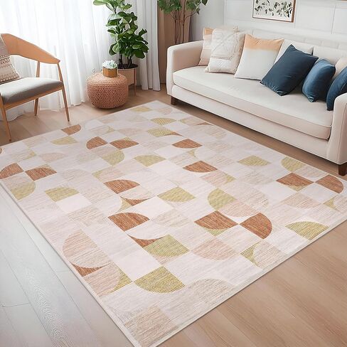 Boho Washable Rug 8x10 Area Rugs for Living Room, Mid Century Geometric Rug for Bedroom, Non Slip Throw Rugs with Rubber Back, Low Pile Dining Room Rug for Under Table, Orange in Saudi Arabia
