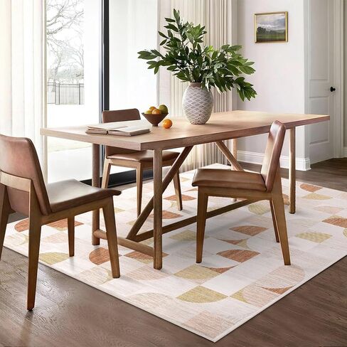 Boho Washable Rug 8x10 Area Rugs for Living Room, Mid Century Geometric Rug for Bedroom, Non Slip Throw Rugs with Rubber Back, Low Pile Dining Room Rug for Under Table, Orange in Saudi Arabia