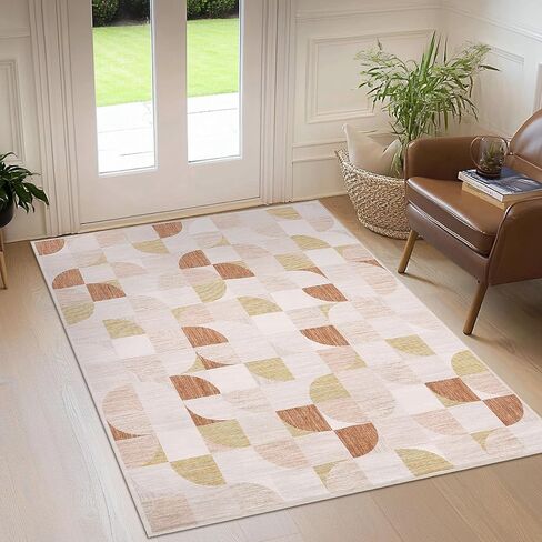 Boho Washable Rug 8x10 Area Rugs for Living Room, Mid Century Geometric Rug for Bedroom, Non Slip Throw Rugs with Rubber Back, Low Pile Dining Room Rug for Under Table, Orange in Saudi Arabia
