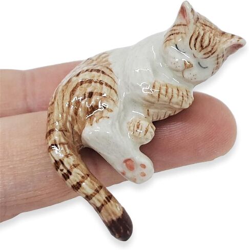 Tiny 1⅝" Long Standing Look Up Tabby Orange Brown Cat Figurine - Miniature Hand Made Painted Ceramic Striped Shorthair Ginger Kitten Animal Porcelain Decorative Collectible Figurines Décor in Saudi Arabia